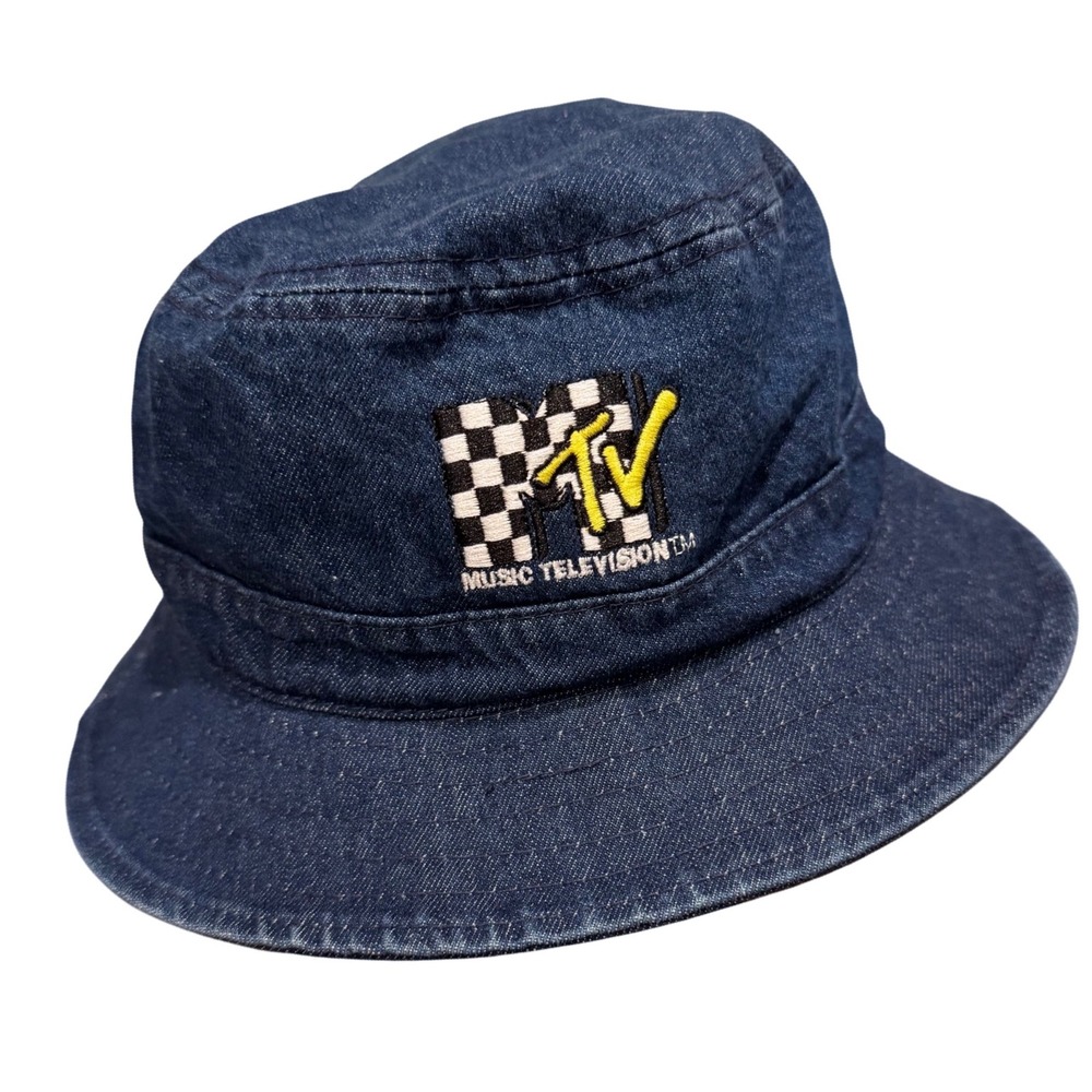 MTV Music Television Denim Bucket Hat Blue Checkered Logo Retro Mens M/L